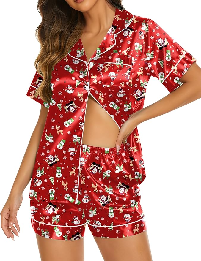Ekouaer Silk Pajamas for Women Short Sleeve Sleepwear Soft Button Down Loungewear 2 Piece Satin Pjs Shorts Set S-XXL