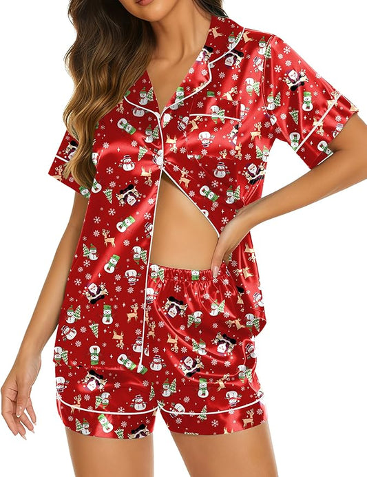 Ekouaer Silk Pajamas for Women Short Sleeve Sleepwear Soft Button Down Loungewear 2 Piece Satin Pjs Shorts Set S-XXL