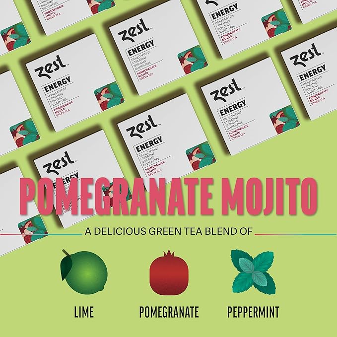 Zest Tea Premium Energy Hot Tea, High Caffeine Blend Natural & Healthy Black Coffee Substitute, Perfect for Keto, 135 mg Caffeine per Serving, Pomegranate Mojito Green Tea, Box of 15 Sachet Bags