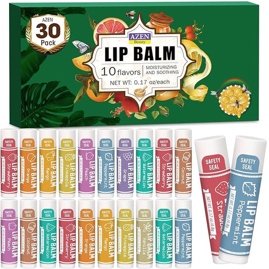 AZEN 30 Pack Lip Balm, Natural Lip Balm Bulk, Lip Care Product, Moisturizing Lip Balms for dry cracked lips - 10 Flavors