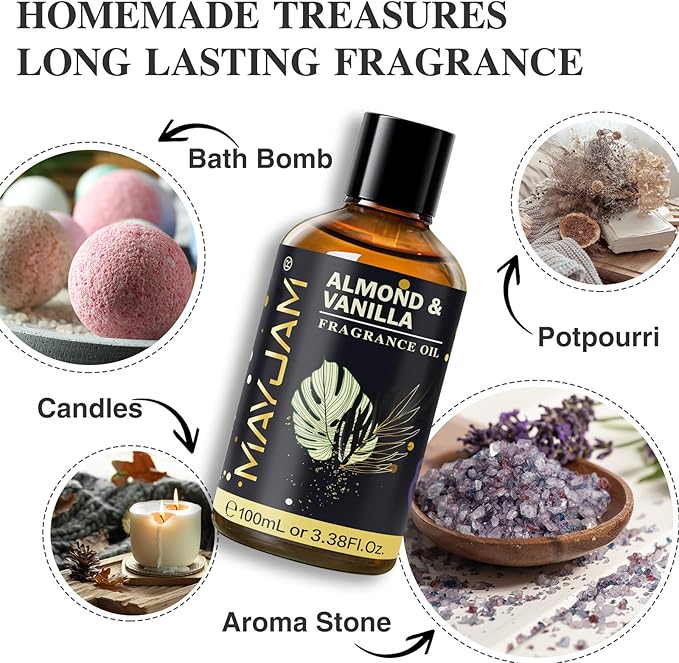 Almond & Vanilla Fragrance Oil Essential Oil, MAYJAM 3.38FL.OZ Almond & Vanilla Oil for Diffusers for Home, Long Lasting Scented Oils for Soap Candle Making - 100ML