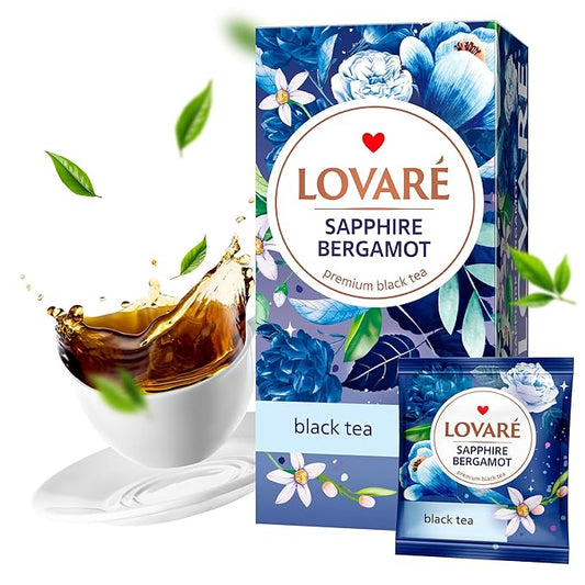 Individually Wrapped Tea Bags By Lovare Made in Ukraine - Assorted Bergamot Flavored Black Tea – 4 Elegant Varieties in One Box, Gift Box For Blooming Tea Lovers Men & Women - 48 g (24 tea bags x 2 g each) (Sapphire Bergamot)