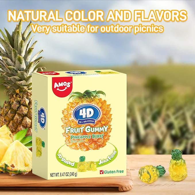 AMOS 4D Gummy Pineapple Burst Candy,Fruit-Shaped Gummies, Natural Flavor, 240g Individual Sharing Pack