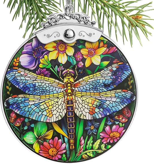 Christmas Tree Ornaments 3 Inch Clear Glass Blanks Round Print Ornament Christmas Hanging Decorative with Silver Ribbon (Dragonfly)