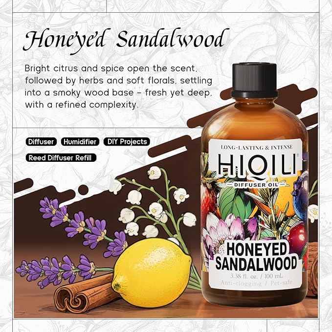 HIQILI Honeyed Sandalwood Diffuser Oil for Car Air fresheners, Ultrasonic or Reed Diffuser, Relaxing & Cozy, Hotel Scent - 3.38 Fl Oz