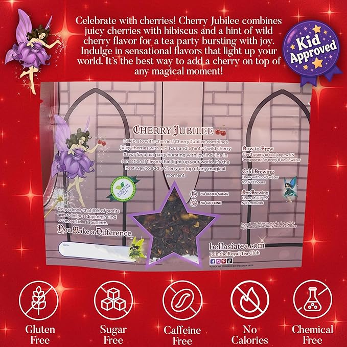 Bellasia Tea Cherry Jubilee for Kids Using Real Fruit Pieces - Caffeine Free Herbal Tea with Real Ingredients & Balanced Flavor- Add Loose Leaf Tea to Your Child’s Routine for A Fun & Tasty Drink