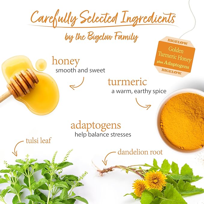 Bigelow Tea Golden Turmeric Honey plus Adaptogens, 18 Count (Pack of 6), 108 Total Tea Bags