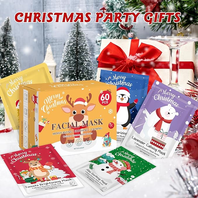 60 Pack Christmas Face Masks Skincare for Christmas Gifts, Bulk Sheet Hydrating & Soothing Facial Masks Set for Skin Care, Stocking Stuffers for Women