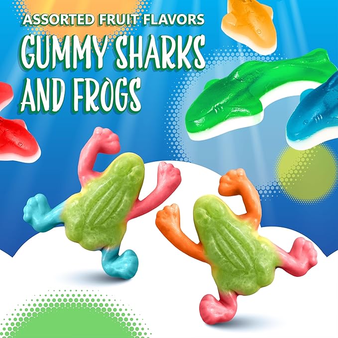 Gummy Sharks and Rainforest Frogs Candy Mix | 2 Pound Bulk Bag | Ocean and Jungle Critters | Assorted Fruit Flavors Gummy Mix | Party Favors, Goody Bags, Kids' Birthday Celebrations