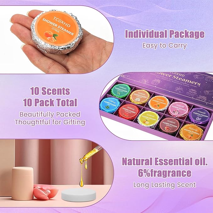 Shower Steamer - Aromatherapy Shower Steamer Tablets with Pure Essential Oils and Sea Salt - Natural Vaporizing Shower Tablets Bath Gift Set 10 Pack Aromatherapy Christmas Gifts Stocking Stuffers