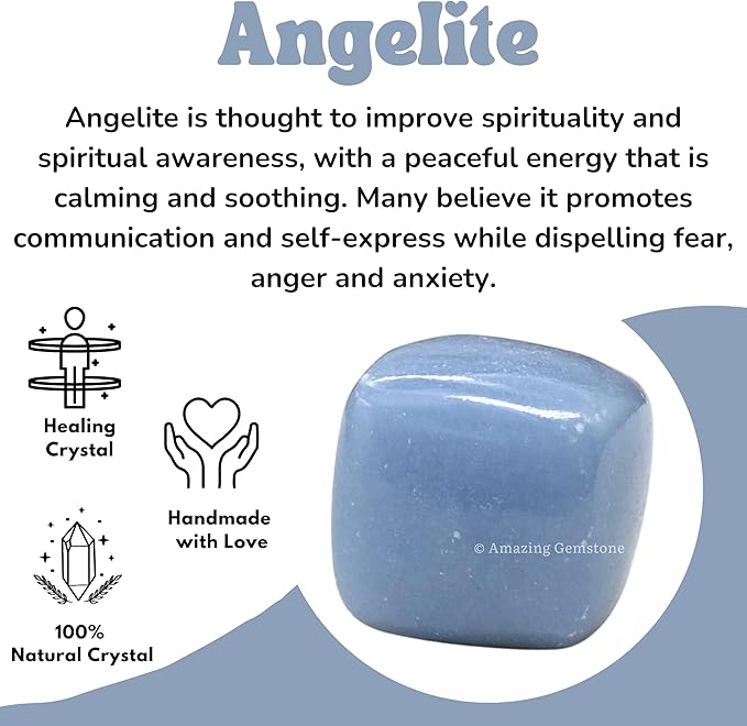 Amazing Gemstone Angelite Crystals and Healing Stones Tumbled - 1 oz, Natural Healing Stones for Energy Balance, Stress Relief - Premium Polished Gems Rocks for Meditation & Wellness