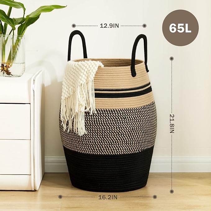 Fiona's magic 65L Cotton Rope Laundry Hamper, Large Woven Tall Laundry Basket for Storage Clothes and Toy in Bedroom, Living Room Organizing, Collapsible, Brown & Black