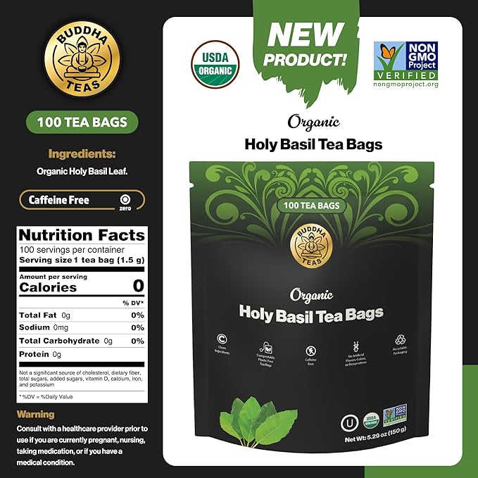 Buddha Teas - Organic Holy Basil Tea Bags - For Health & Wellbeing - Ayurvedic Tulsi - With Antioxidants - Clean Ingredients - Caffeine Free - OU Kosher & Non-GMO - 100 Non-String Tea Bags (Pack of 1)