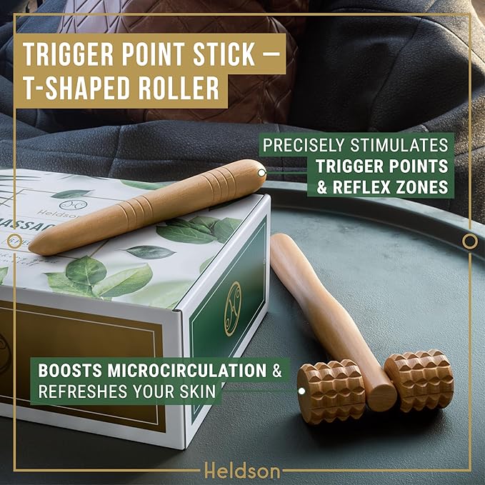 HELDSON® Wooden Therapy Massage Tools [6 Pieces] - Wood Rollers for Body Sculpting - Lymphatic Drainage Massager - Cellulite Tool - Maderoterapia Kit - Back Rolling Stick - Wellness Gifts Women, Men