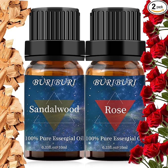 Rose and Sandalwood Essential Oil, 100% Pure, Undiluted, Natural, Organic Aromatherapy Essential Oils Gift Set, 10MLx2