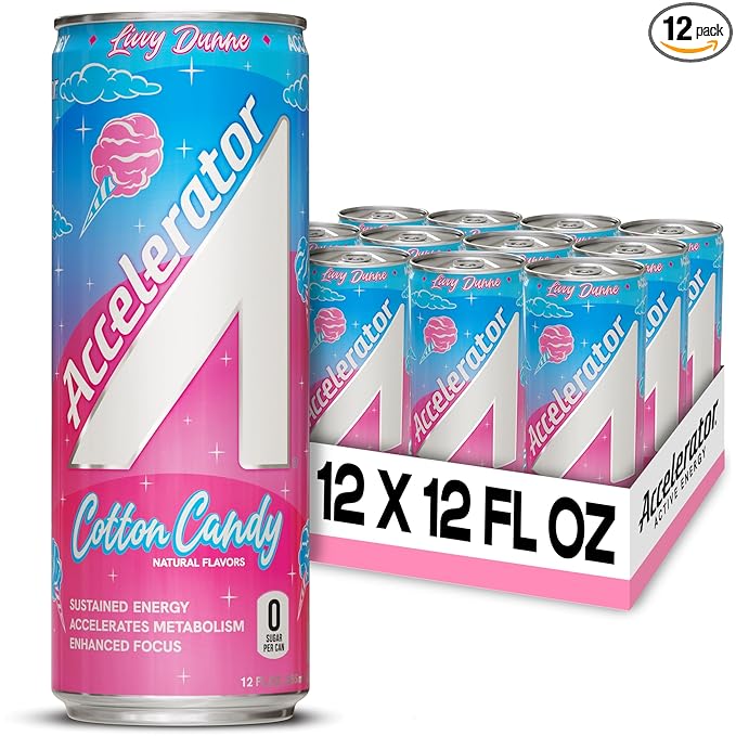 Accelerator Energy Drink Sugar Free, Cotton Candy 12oz can(12 pack) Zero Sugar Energy Drinks with Sustained Energy from 100% Natural Caffeine (200mg) & Green Tea extract