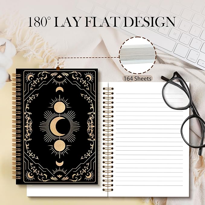 Black Witchy Moon Notebook Journal, Celestial Spiral Notebook, Moon Journal, Black and Gold MoonPhase Notebooks Gifts for Tarot Lovers Women Men, Witchy Gothic School Office Supplies, 6x8.2In