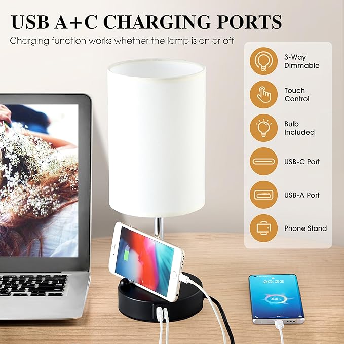 Briever Touch Control Table Lamp for Bedroom, 3-Way Dimmable Nightstand Lamp with USB USB A+C Charging Ports, Bedside Desk Lamp with Phone Stand & Linen Fabric Shade for Livingroom, Bulb Included