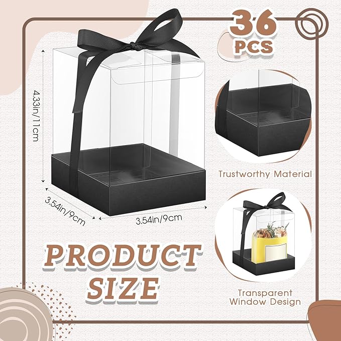 Cunno 36 Set 3.5 x 3.5 x 4.3 in Candle Package Transparent Gift Box 4-18 oz Handmade Tealight Candle Holder Bulk Paper Bottom Ribbon for Wedding Baby Shower Party Mug Cake Wine Glasses(Black)