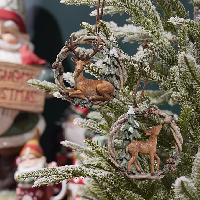 Christmas Tree Ornaments Christmas Decorations - Set of 2 Resin Christmas Woodland Deer in Wreath Ornaments Brown/Sage Green Men for Family Braxio