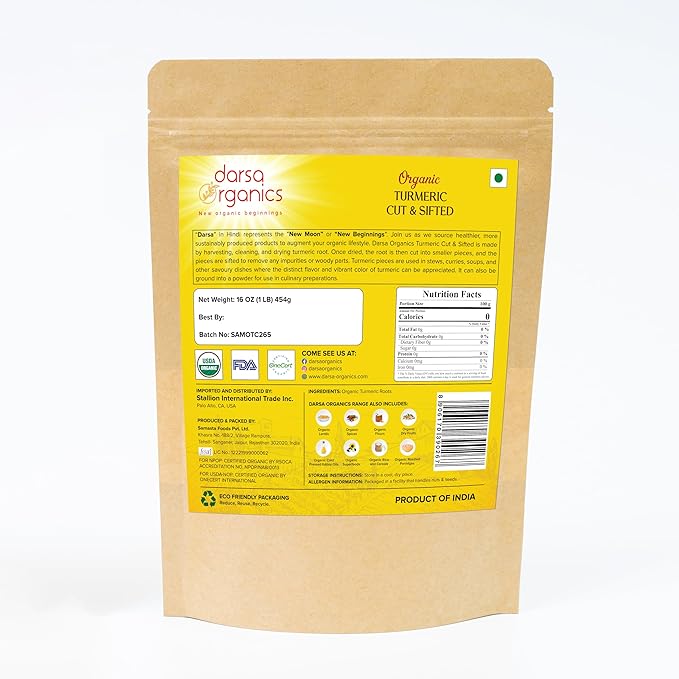 Darsa Organics Turmeric Root (Cut & Sifted) 16 oz, Premium Grade USDA Organic Curcuma longa, Great for Teas, Smoothies, Pickling & Golden Milk, Non-GMO, Gluten-Free, Vegan, Kosher
