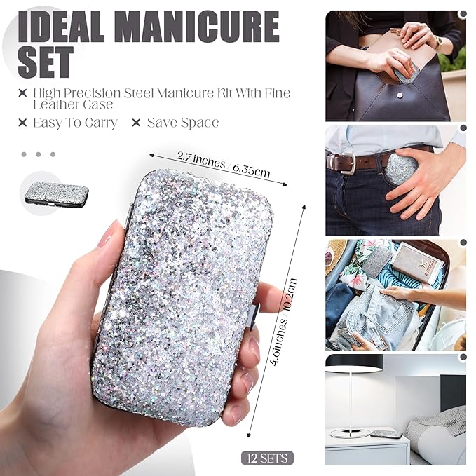 Geosar 12 Set 8 in 1 Manicure Set Stainless Steel Nail Clippers Kit Pedicure Care Tools with Leather Case Travel Grooming Kit Gift for Women Men(Glitter Silver)