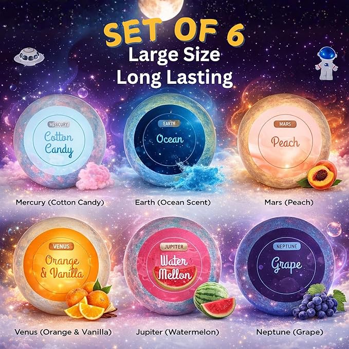 EvolutionUSA Space Bath Bombs for Boys & Girls, 6 Planet Bath Balls with Toy Hidden Inside, Organic Hypoallerganic Childrens Bathbombs, Cosmic Fun Space Surprise, Gift Set Birthday, Christmas, Easter