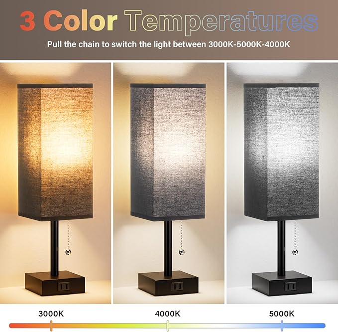 Fenmzee Black Table Lamps for Bedroom Set of 2 - Nightstand Lamp with AC Outlet Charging Port, 3 Color Temperatures Desk Light with Bulb, Small Tabletop Reading Lamp for Living Room/Dorm/Office