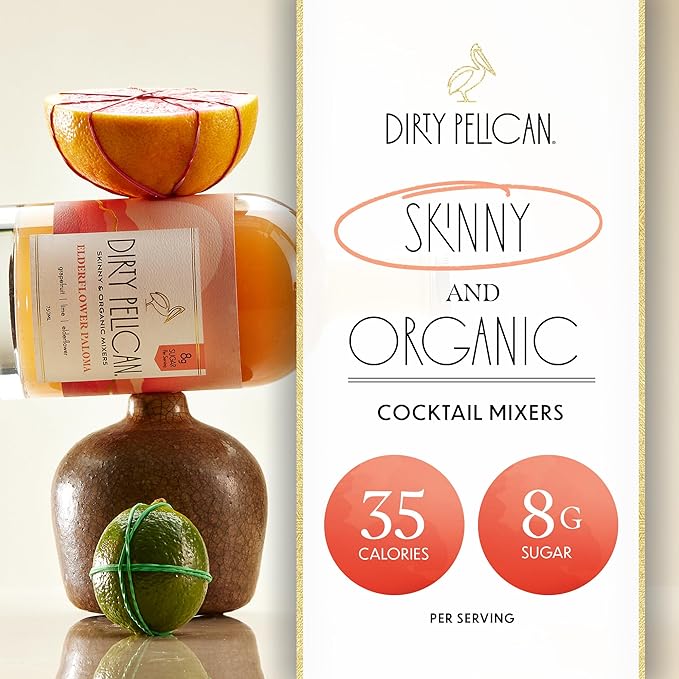 Dirty Pelican Cocktail Mixers - Elderflower Paloma - Skinny & Organic Drink Mixes for Cocktails - Low Calorie Mocktails - Low Sugar - Vegan - Gluten Free - No Preservatives - 750ml (1 Bottle)