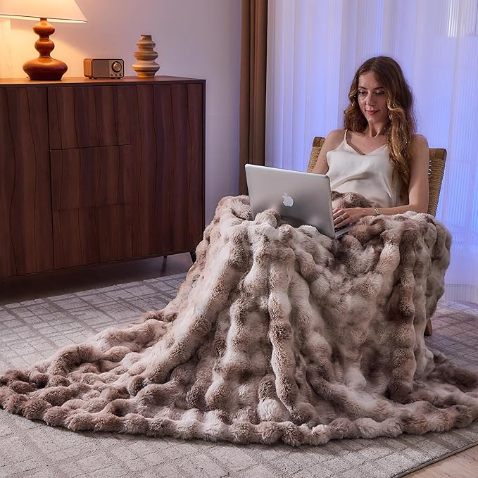 Lotus Karen Faux Fur Throw Blanket Tie-Dye Beige - Big Bubble Rabbit Fluff Blanket for Couch, Large Fluffy Fuzzy Cozy Blankets,Thick Furry Plush Shaggy Blankets,108x90 Inches