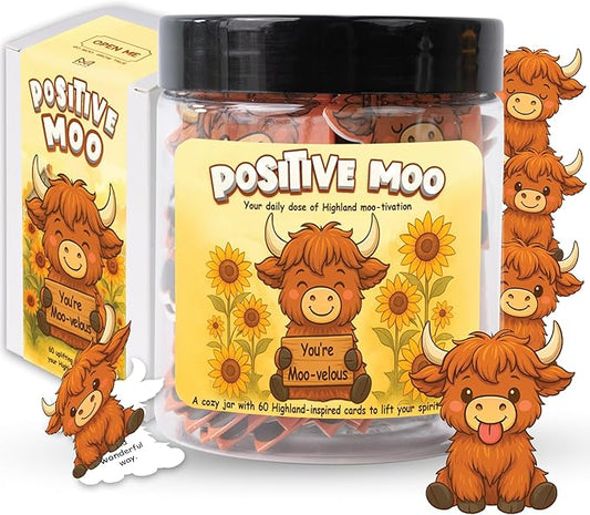 Positive Highland Cow Jar – 60 Affirmation Cards For Women, Girls - Mental Health & Stress Relief Support Gift, Highland Cow Gifts For Women, Coworker, Teen Girl Gift Trendy Stuff, White Elephant Gifts