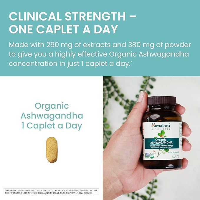 Himalaya Organic Ashwagandha Root, 30 Day Supply - Herbal Adrenal Support Supplements for Stress Relief and Energy Support - USDA Organic, Non-GMO, Vegan, Gluten Free, No Additives, 670 mg, 30 Caplets