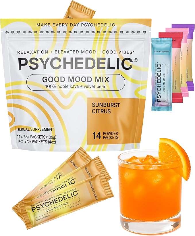 Calming Kava Drink Mix - Kava kava flavored drink mix - Easy Open Single-Serving - Flavored Kava - Mucuna Pruriens - Stevia - Adaptogen Mocktails - 14 Sticks - Sunburst Citrus