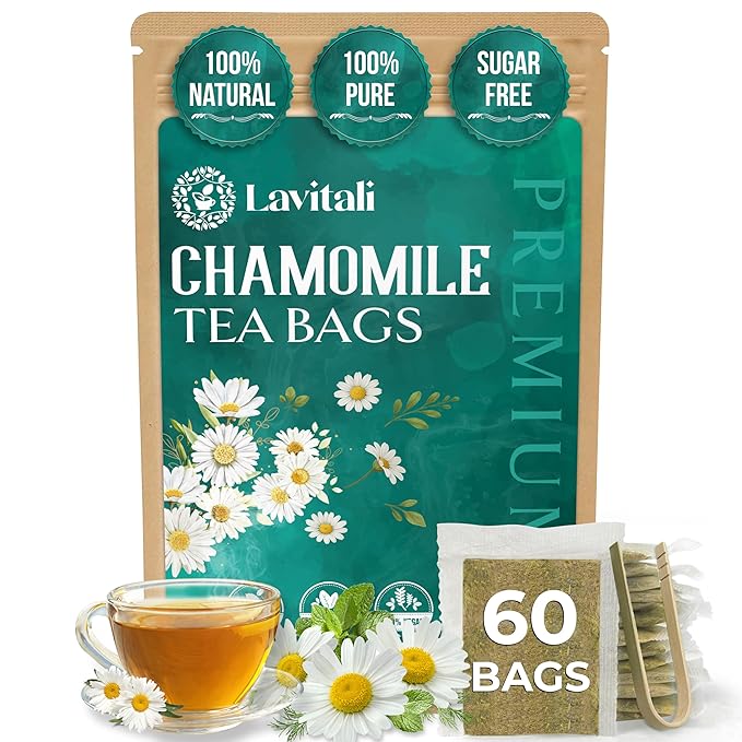 Lavitali, Chamomile Flower Tea| 60 bags, 100% Pure Herbal Tea | Caffeine-Free, Antioxidant-Rich, Eco-Friendly Filter Bag | Daily Natural Botanical, Hot or Iced Floral Infusion