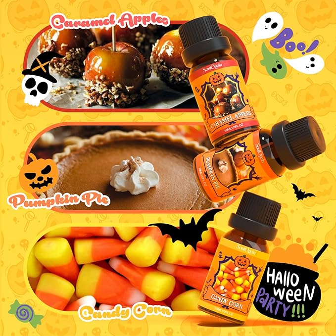 Halloween Fragrance Oils Set, Essential Oil for Diffuser, Diffuser Oil, Use for Soap Candle Making,Caramel Apples, Pumpkin Pie, Candy Corn, Halloween Cookies, Popcorn Balls, Snickers Bars