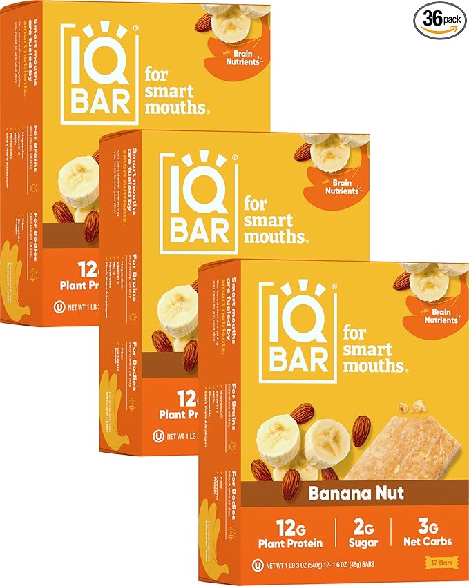 IQBAR Brain and Body Plant Protein Bars - Banana Nut - 36-Count - Keto, Vegan, Low Carb, High Fiber, Gluten Free, Dairy Free, Low Sugar Snack with Nutrients for Focus, Energy, Meal Replacement