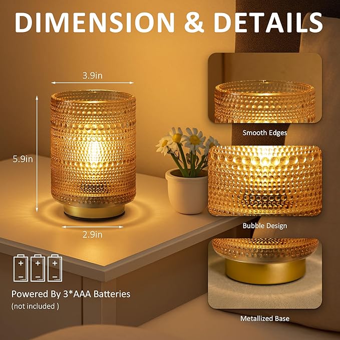 2 Pack Battery Operated Decorative Aesthetic Lamp with Timer for Dorm/Office/Patio/Bedside/,Small Cordless Table Lamps with LED Warm Bulb for Shelf/Coffee Table/Entryway/Mantle/Dresser Decor(Golden)
