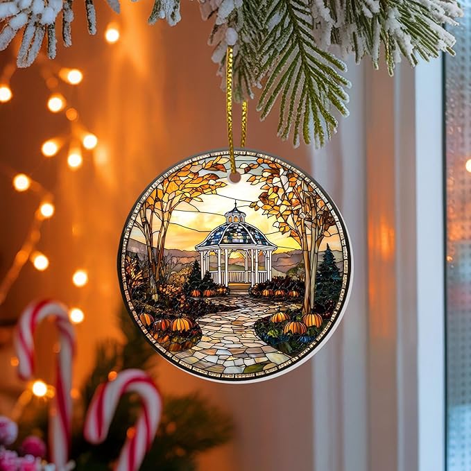 Ceramic Christmas Ornament 2025 – Scenic Village Landscape Round Ornament – Double-Sided UV Printed Holiday Tree Decor Gift for Men Women