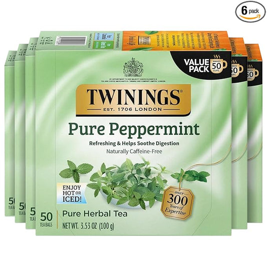 Twinings Pure Peppermint Herbal Tea Individually Wrapped Bags, 50 Count (Pack of 6), Fresh Minty Flavour, Naturally Caffeine-Free, Enjoy Hot or Iced, 300 Teabags