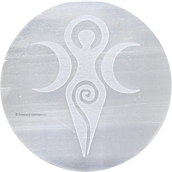 Amazing Gemstone Selenite Crystal Charging Plate For Crystals And Healing Stones, 3" Selenite Crystal Plate Engraved Goddess Angel Coaster For Home, Office Table Decor (Selenite Round Disc)