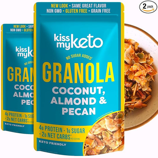 Kiss My Keto Sugar Free Granola, Coconut Almond Pecan 2-Pack – Curb Cravings with Few Net Carbs – Allulose Sweetened, Resealable & Gluten-Free Crunchy Clusters – Grain Free Granola Great With Yogurt or Milk