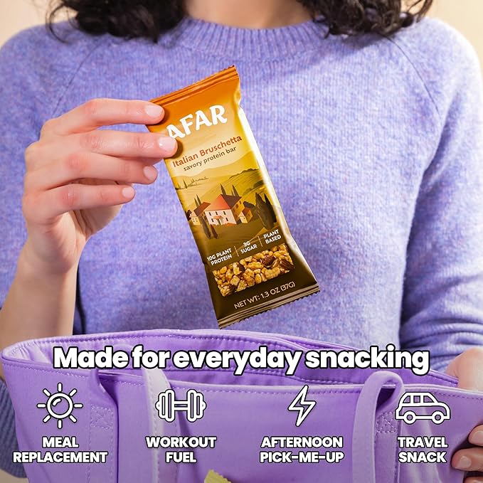 Afar Savory Protein Bars – Low Sugar, High Protein – Healthy Snacks for Adults – Meal Replacement Bar – Rice Crispy Texture – Vegan, Gluten Free (8 Bars, Italian Bruschetta)