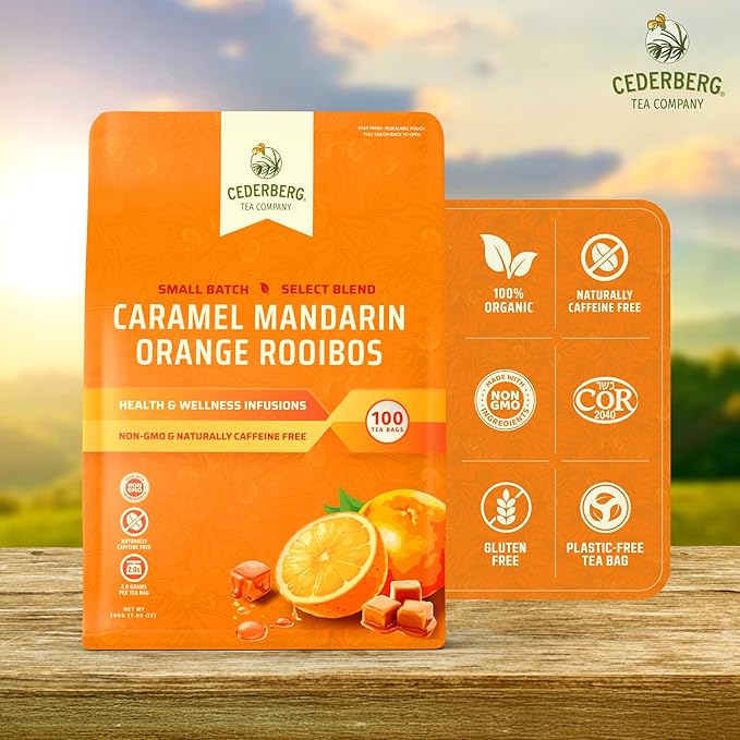 Cederberg Tea Company Caramel Mandarin Orange Rooibos Tea Bags - Made with Organic Red Rooibos Tea, South African Herbal Tea, Naturally Caffeine Free Tea, Small Batch - Select Blend Non-GMO, Premium Leaf, Antioxidant-Rich, 100 Count