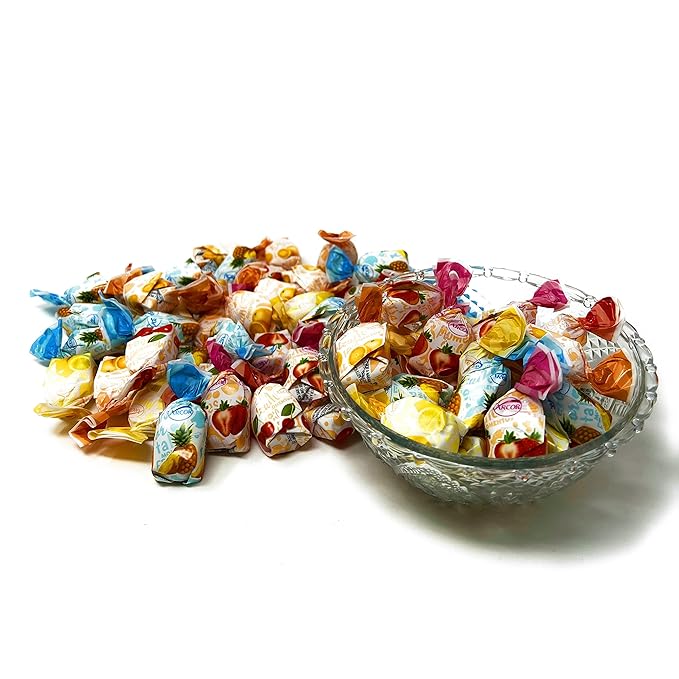 Fruit Filled Hard Candies - 1 lbs - Strawberry, Cherry, Pineapple, Orange and Lemon Flavored Bon Bons Filled with Real Fruit Pulp Candy - American Vintage Candy Snack Assortment - Individually Wrapped, 16 oz.