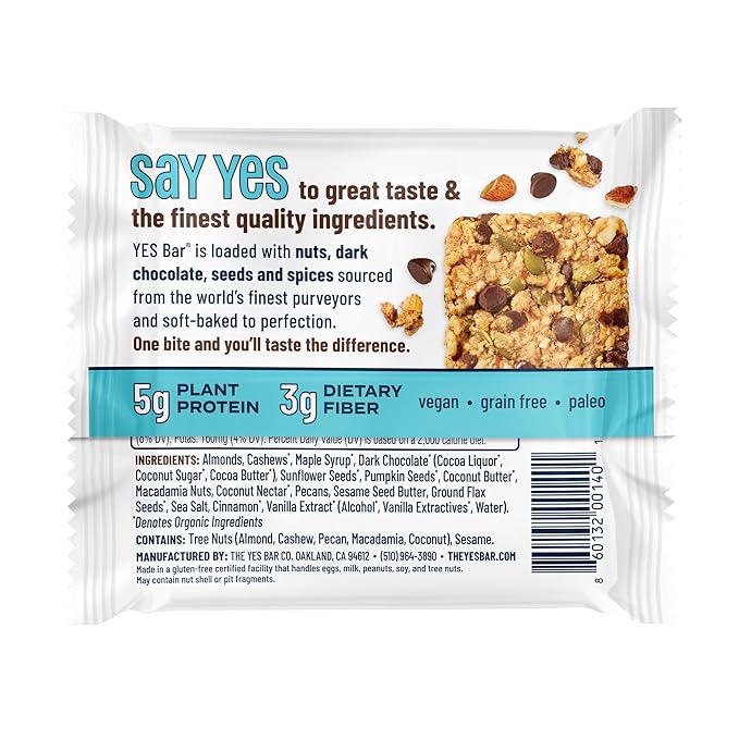 The YES Bar – Dark Chocolate Chip – Plant Based Protein, Decadent Snack Bar – Vegan, Paleo, Gluten Free, Dairy Free, Low Sugar, Healthy Snack, Breakfast, Low Carb, Keto Friendly (24 Count)
