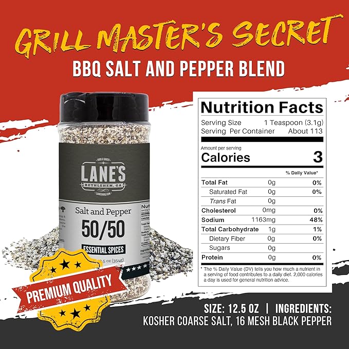 Lane's Coarse Salt and Pepper 50/50, 12.5 oz - Classic Blend of Kosher Salt & Coarse Black Pepper 16 Mesh for Cooking & Grilling - Seasoning for Meats, Vegetables & More, Gluten-Free, Made in USA