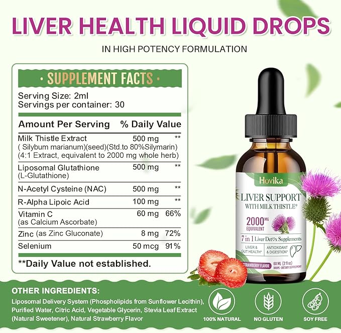 Liver Cleanse Detox & Repair Liver Support Milk Thistle Drops with Glutathione, NAC, ALA, Vitamin C, Zinc & Selenium for Liver Cleanse & Defense, Immune & Skin Support - Strawberry Flavor, 2 Fl Oz