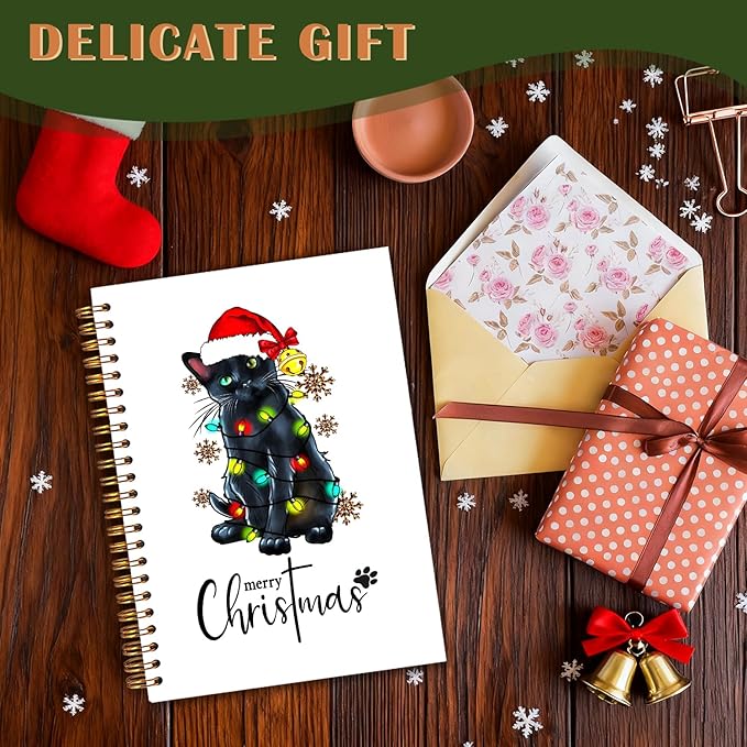 Exqcom Christmas Black Cat Spiral Notebook Gifts, Black Cat Gifts, Merry Christmas Journal for Women, Winter Holiday Funny Kitty Hardcover Notebook Journal Office School Supplies, 5.5x8.3 Inch