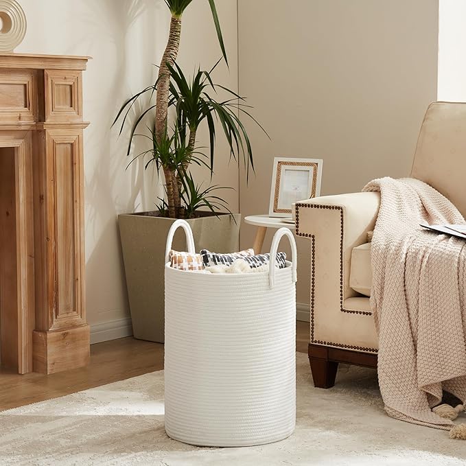 Cotton Rope Laundry Hamper by YOUDENOVA, 58L - Woven Collapsible Laundry Basket - Clothes Storage Basket for Blankets, Laundry Room Organizing, Bedroom Storage, Clothes Hamper – White