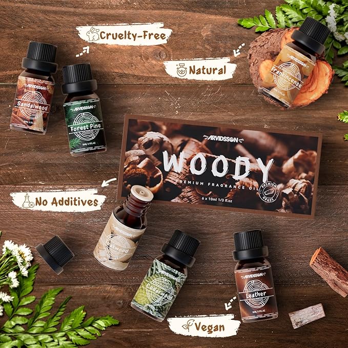 Woody Essential Oils Set, ARVIDSSON Woodsy Fragrance Oil for Candle Making, Sandalwood, Leather, Teakwood, Frankincense, Cedarwood, Pine, Diffuser Essential Oil for Men and Women